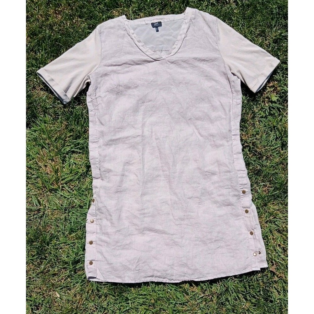 Yest The Netherlands 100% Linen Shift Dress Beige Side Snap Detail Coastal